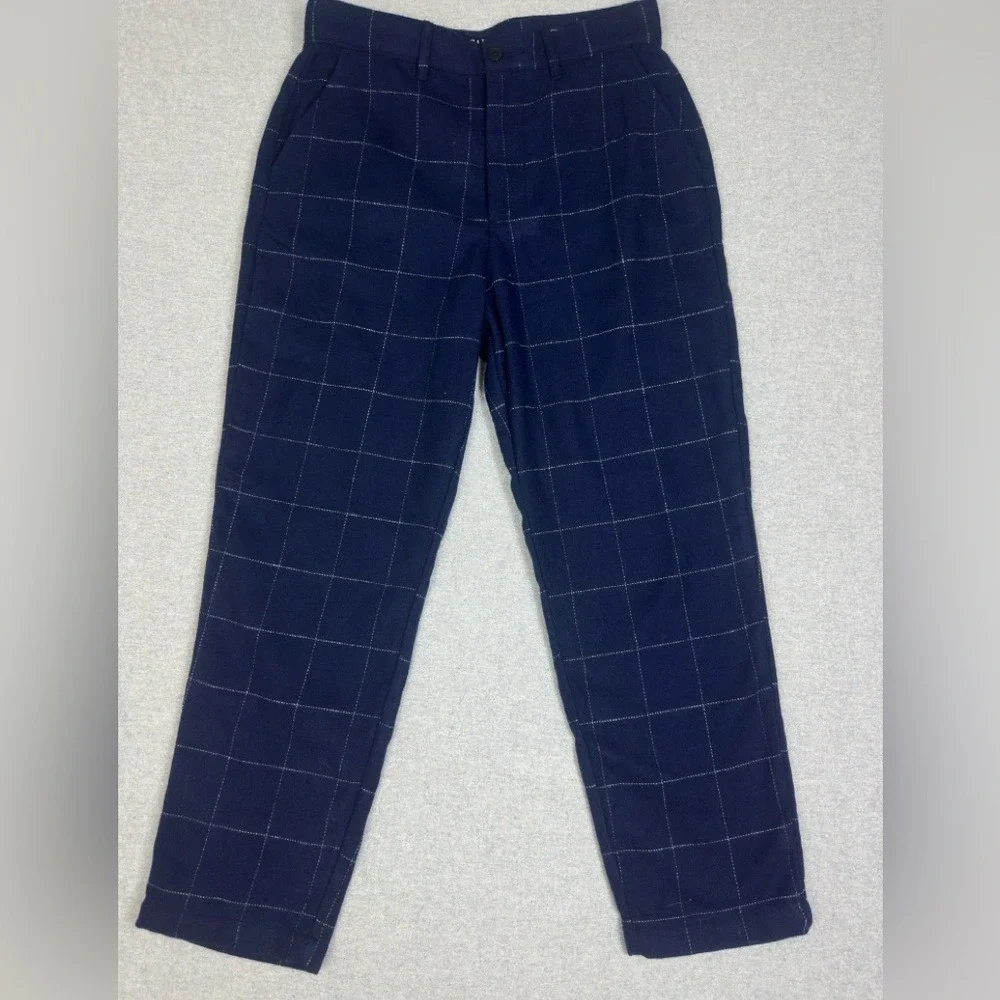 Gap Wool Blend Pants Mens 31 Navy Relaxed Taper Windowpane Plaid Academia Preppy